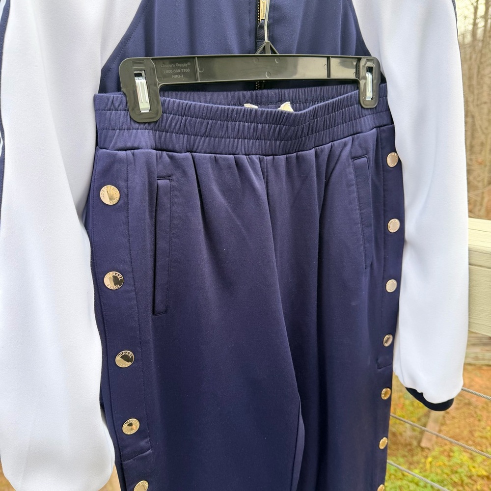 SET!! MICHAEL KORS Navy Blue White Track Jumpsuit Jacket Striped Break Away Pant - Picture 5 of 16